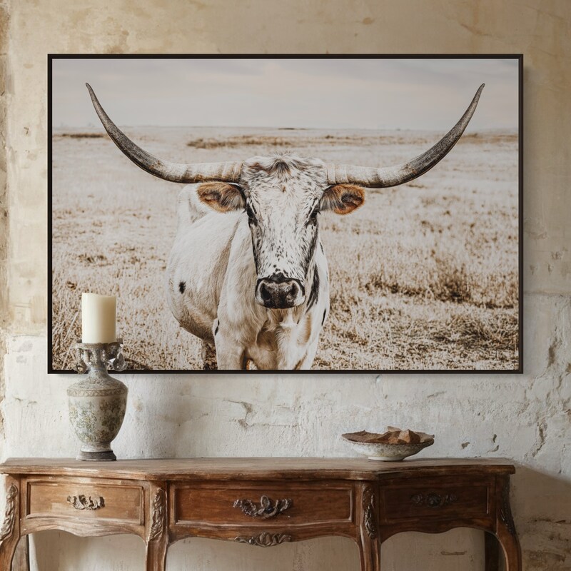 Western Home Decor - Canvas Longhorn Wall Art - Large Farmhouse Print - Texas Longhorn Cow Photo Artwork - Oversized Rustic Art | MakerPlace by Michaels western-home-decor-canvas-longhorn-wall-art-large-farmhouse-print-texas-longhorn-cow-photo-artwork-oversized-rustic-art-makerplace-by-michaels